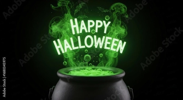 Fototapeta A halloween poster with glowing green cauldron and happy halloween text for spooky decoration
