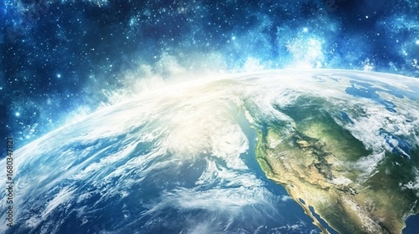 Fototapeta Earth glows from space, with atmosphere and blue nebulous starfield