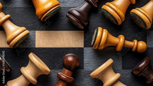 Fototapeta Close-up of scattered chess pieces on a board, light vs. dark wood