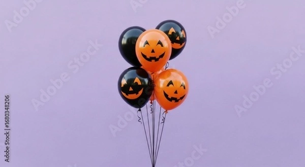 Fototapeta A halloween pumpkin and ghost balloons floating for spooky party fun and festive decoration
