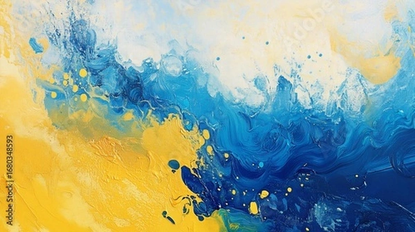 Fototapeta Abstract painting fluid blue and yellow paint splatters merge, creating dynamic swirls and textures