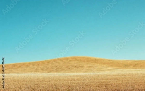 Fototapeta Golden field with soft hill under a clear azure sky
