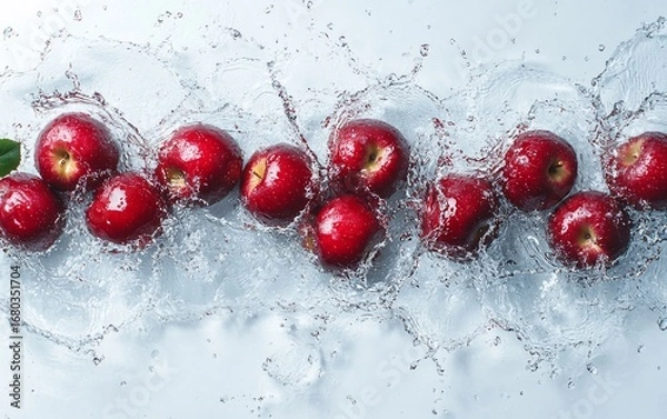 Fototapeta Red apples scattered amidst a splash of water, some with a leaf. Fresh, vibrant, and clean