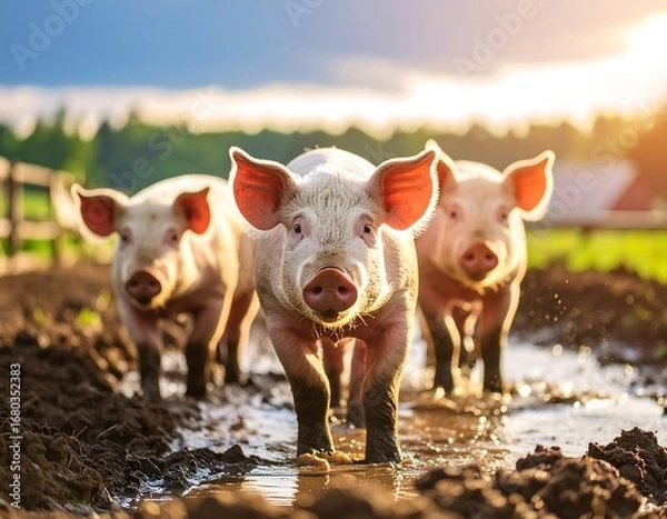 Obraz Three piglets in a muddy puddle