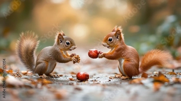Fototapeta Two adorable red squirrels exchange nuts and chestnuts in autumnal setting