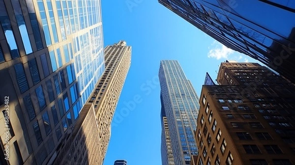 Fototapeta Skyscrapers reaching for a bright blue sky, buildings clustered in a cityscape viewed from below
