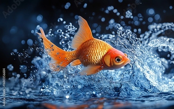 Fototapeta Gold fish leaps from water, surrounded by splashing droplets. Black background