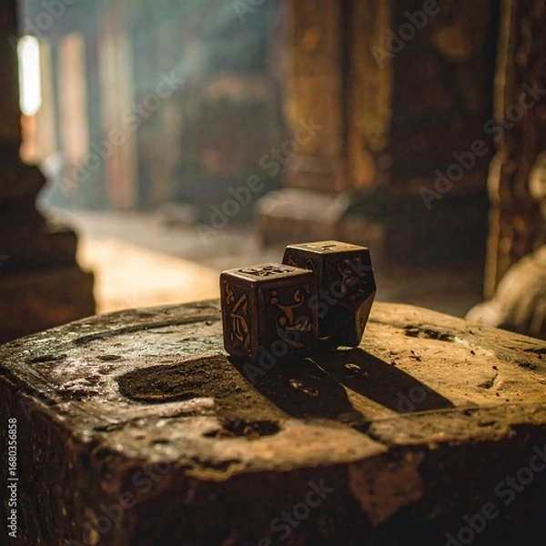 Fototapeta Two intricately carved dice rest on a weathered stone surface, bathed in warm sunlight, within a dimly lit, ancient-feeling interior.