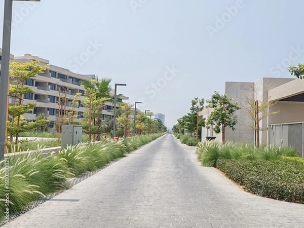 Obraz Villa's Or Houses With Their Cream Color Design And Front Side Outdoor View. Green Landscaping With Washingtonia Trees At Front Side Of Villa's. Interlock Road Passing At Front Of The Villa's