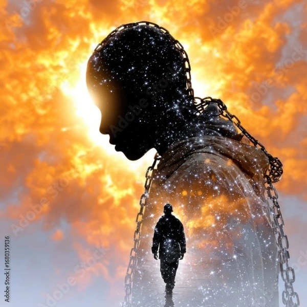 Fototapeta A silhouette of a person entwined in chains, illuminated by a cosmic backdrop symbolizing struggle and transformation.