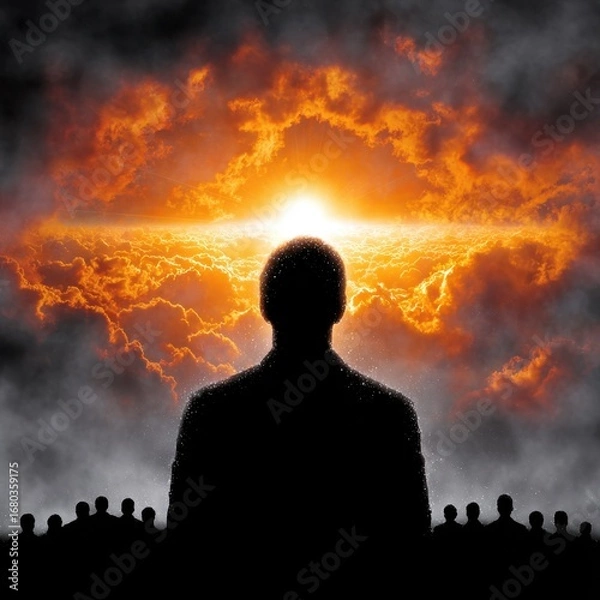 Fototapeta A silhouetted figure gazes at a breathtaking sunrise, symbolizing hope and new beginnings amidst the dramatic clouds.