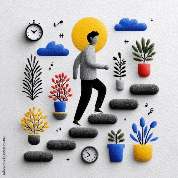 Fototapeta A vibrant illustration of a person ascending steps surrounded by plants, clocks, and clouds, symbolizing personal growth and time.