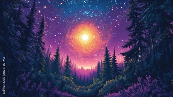 Fototapeta Forest view with brilliant celestial light