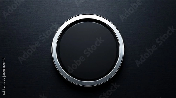 Fototapeta Simple circle button. Shiny metallic ring surrounds a dark matte circle on textured black background