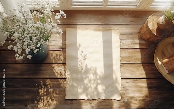 Fototapeta Aged paper on wooden surface by window with soft light and vase of flowers