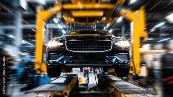Fototapeta Black car lifted in auto repair shop with dynamic motion blur effect showing speed and modern technology