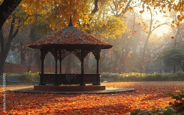 Fototapeta Ornate gazebo in park. Fallen leaves everywhere. Warm light filtering through autumn trees, foggy background