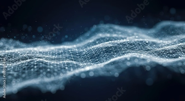 Fototapeta Abstract illustration of a dynamic, wave-like network structure composed of interconnected points and lines, showcasing a sense of movement and complexity against a dark background.