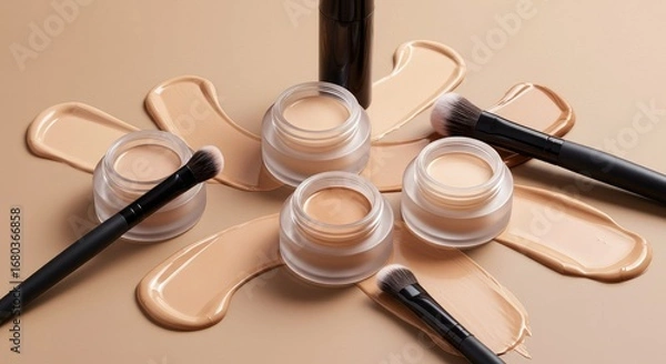 Fototapeta Makeup foundation and brushes displayed on a neutral background.