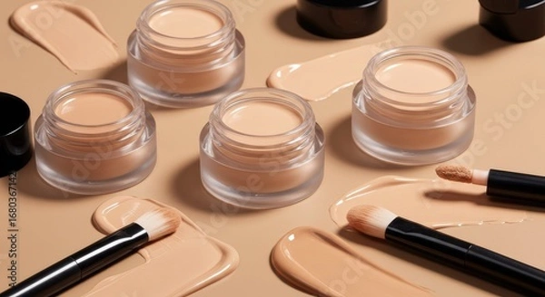 Fototapeta Makeup foundation jars and brushes arranged on a beige surface.