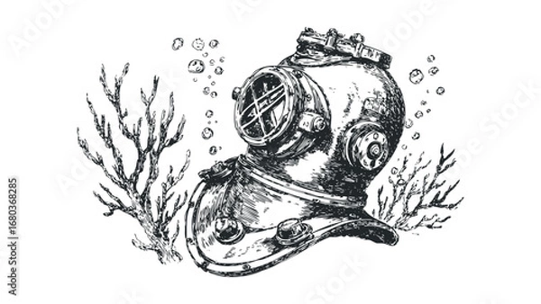 Fototapeta Vintage diving helmet with coral and bubbles sketch. Vector hand drawn illustration