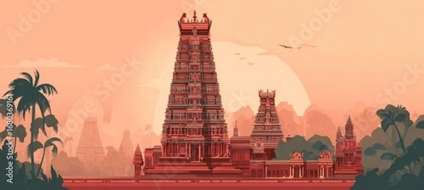 Obraz Ancient mandir Hindu temple building illustration. Generative AI technology.	
