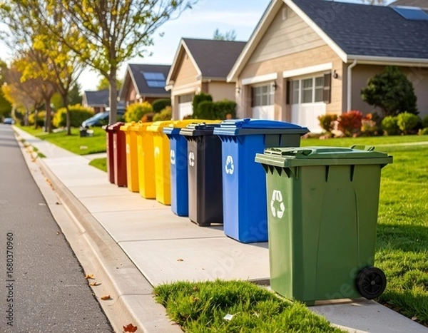Fototapeta trash and recycling bins lined up at the street in a suburban neighborhood