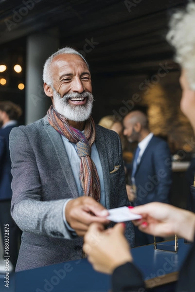 Fototapeta A corporate networking event where professionals from multiple generations exchange business cards