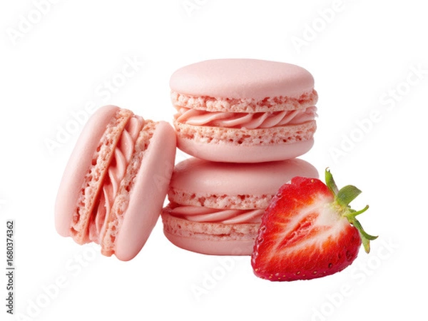 Fototapeta Delightful Pink Macarons with Creamy Filling and a Fresh Strawberry Slice
