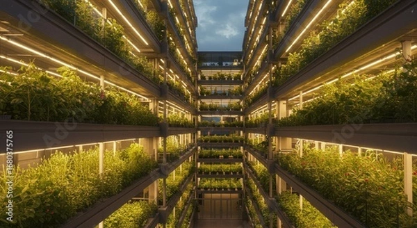 Fototapeta Vertical hydroponic farm with tiered layers of plants.
