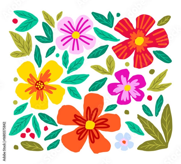 Fototapeta Bright colorful vector set of floral elements. Various flowers, green leaves, plants, nature.