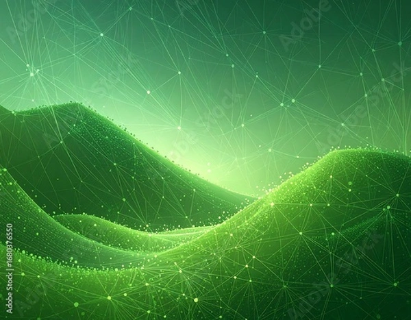 Obraz A serene landscape of interconnected green lines and points, showcasing a network of data or digital connections.
