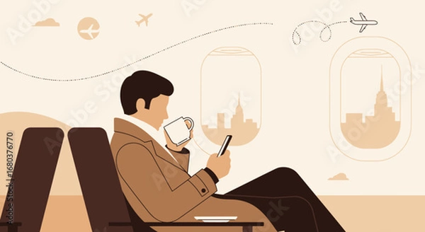 Fototapeta Stylish Passenger Relaxes On Flight, Enjoying Beverage And Cityscape Views