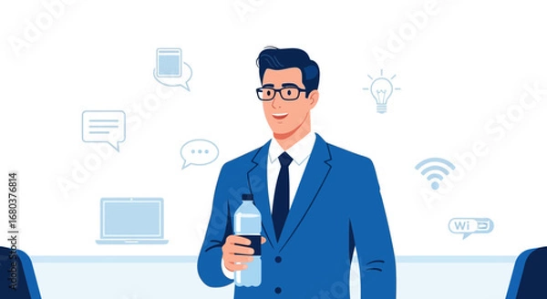 Fototapeta Stylish Professional Man Posing With Beverage and Communication Icons in Modern Illustration