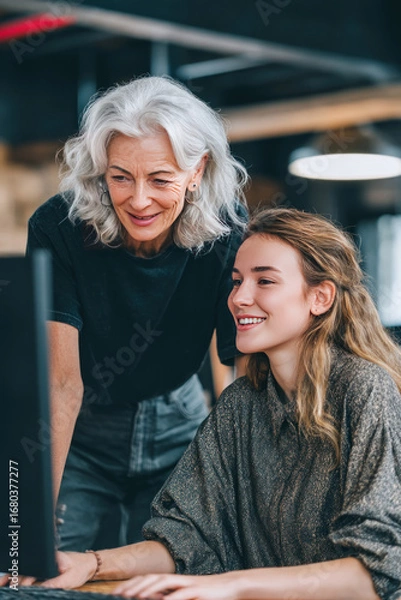 Fototapeta A mentoring session where an older manager coaches a younger employee at a desk