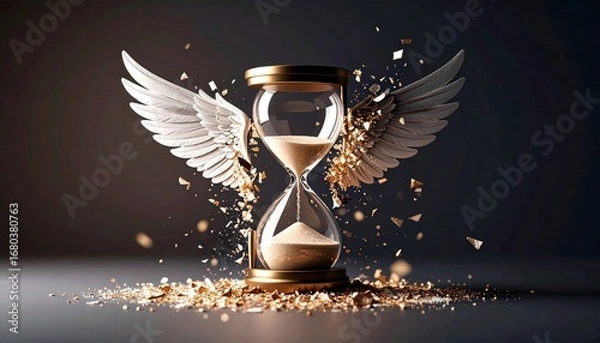 Fototapeta Abstract Winged Hourglass Shattering Time Conceptual Background Image
