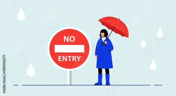 Fototapeta Standing In The Rain, Facing A Forbidden Sign While Using An Umbrella for Protection