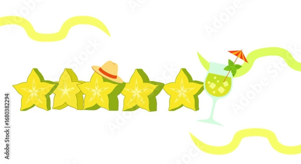 Fototapeta Starfruit Rating With Cocktail And Hat Embodying Vacation Enjoyment And Refreshment