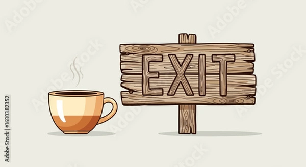 Fototapeta Steaming Beverage Exits: A Visual Pun Featuring a Coffee Cup and Wooden Signage