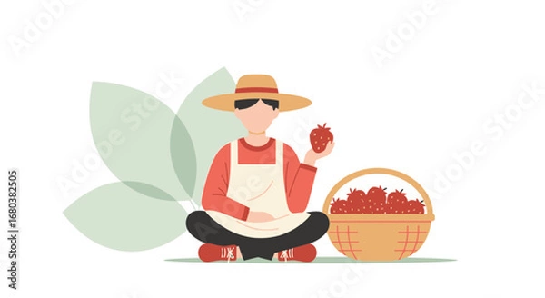 Fototapeta Strawberry Picker Sits With Harvest, Showing Off Juicy Fruit On White Background