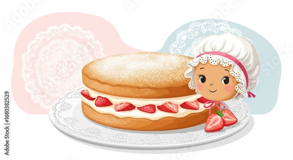Fototapeta Strawberry Shortcake Delight Featuring a Charming Cartoon Pastry Chef Character