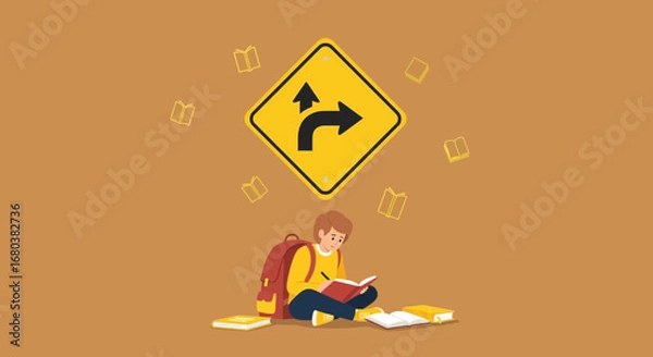 Fototapeta Student Contemplating Future Paths While Surrounded By Books And A Road Sign Symbol