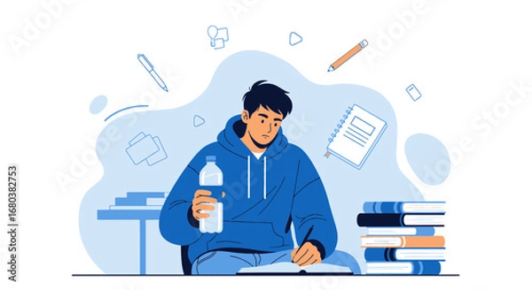 Fototapeta Student Concentrating On His Studies While Having A Bottle Of Water And Books Nearby