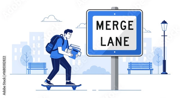Fototapeta Student Navigates Merge Lane Sign, Balancing Books And Transportation On Skateboard Path