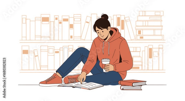 Fototapeta Student Reading Books with Coffee in a Library Depicting Study, Education, and Academia