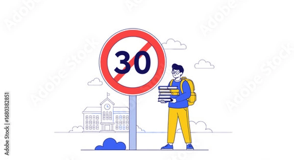 Fototapeta Student Navigating School Zones with Road Sign Symbolism and Academic Pursuits