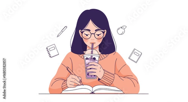 Fototapeta Student Studying And Drinking Bubble Tea With Focus And Deep Concentration