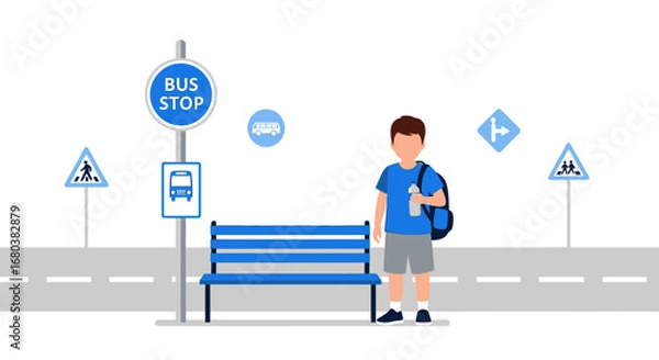 Fototapeta Student Waiting At A Bus Stop With Blue Design And Modern Minimalist Style Scene