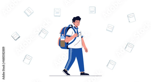 Fototapeta Student Walking To School With Backpack And Notebooks, Vector Illustration, Going To Class