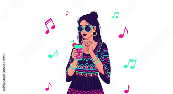 Fototapeta Stylish Celebration with Vibrant Music Notes and a Refreshing Cocktail in Hand
